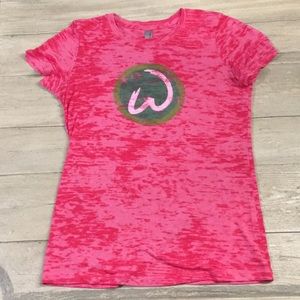 Wahlbergers logo T-shirt.  Red burnout womens fit size Large